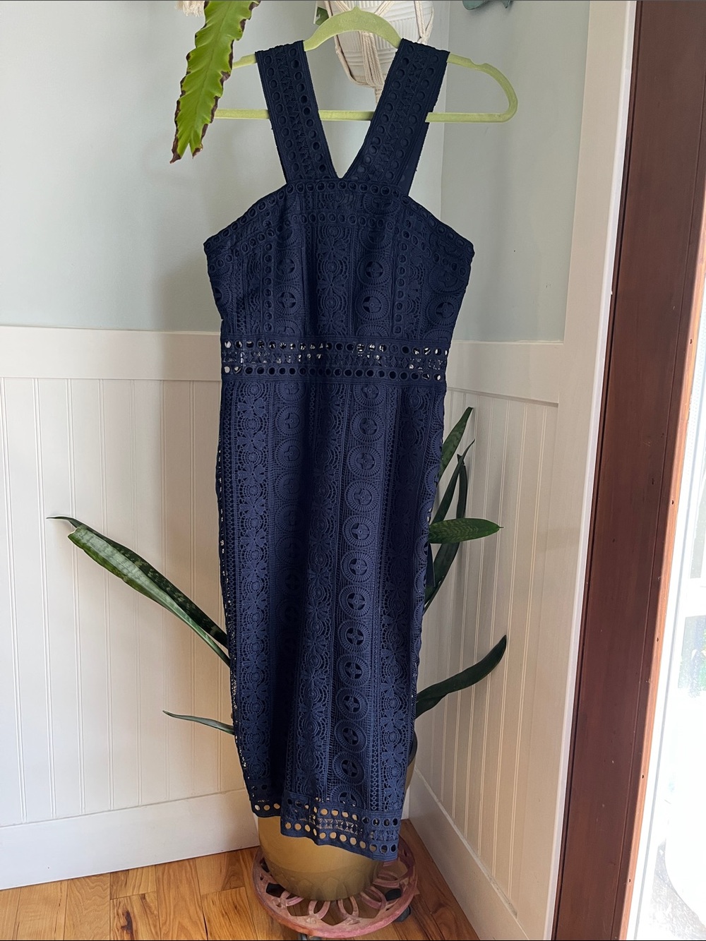 Lulu’s Sleeveless Navy Eyelet Midi Dress with Straps